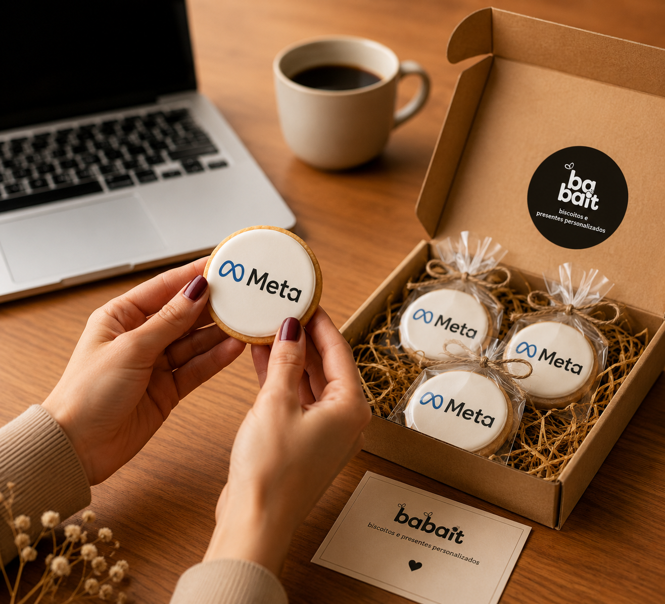 Biscoito personalizado Babait sobre mesa de trabalho